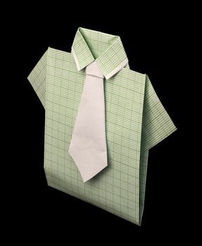 Isolated paper made green plaid shirt.Folded origami style