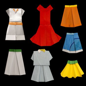 Set of Dresses and Skirts made ​​of paper. Isolated origami