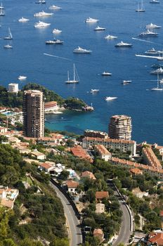 View of Monaco and many yachts in the bay