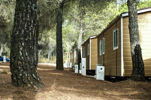 Mobile homes, brown bungalow in a camping.