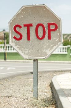 Road sign stop. White background, red text