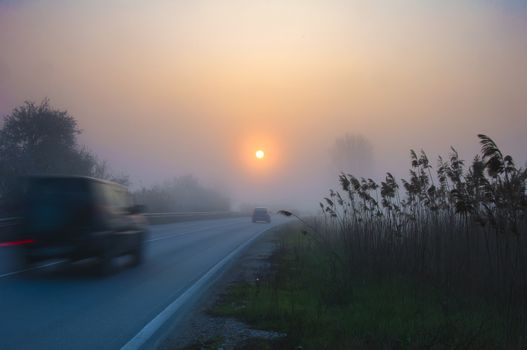 Road in fog with cars, early morning sunrise