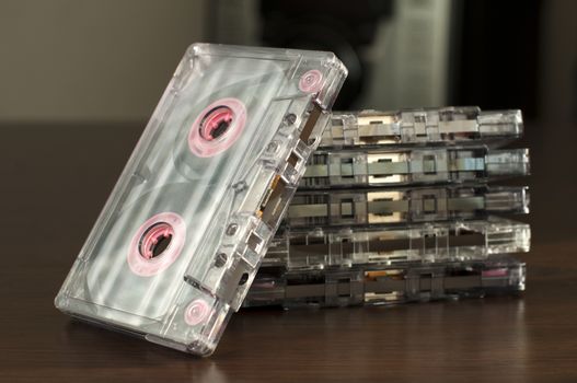 Pile of audio tape cassettes. Old cassettes