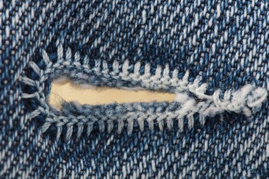 Buttonhole of blue jeans cloth. Very close up Buttonhole 
