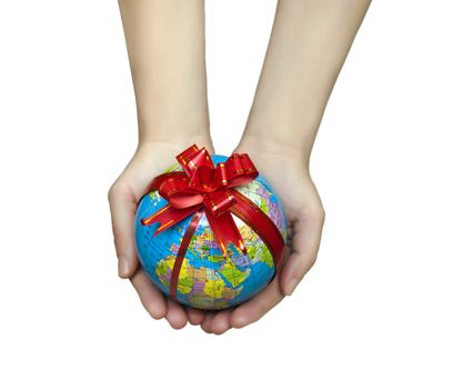 Gift globe with two hands isolated on white