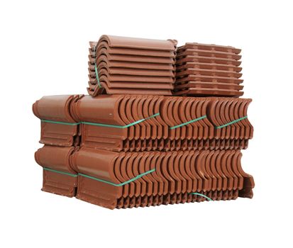 Pile of roofing tiles packaged. Isolated on white