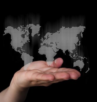 Dot World map business background. Hand holding World map