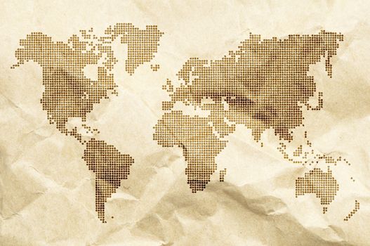 Dot World old style map background. Crumpled old paper