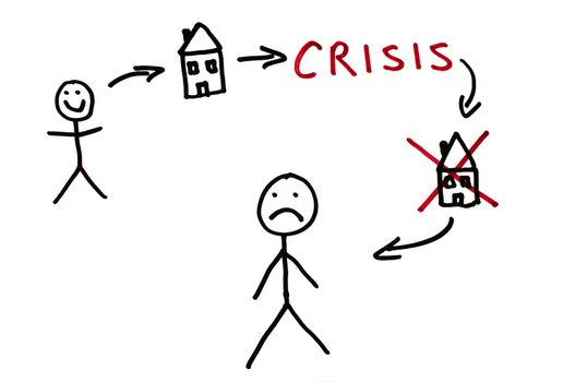 Real estate and crisis conception illustration over white.