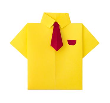 Origami yellow shirt with tie. White isolated