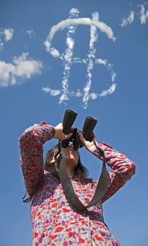 Woman watching with binoculars.Dollar symbol on sky