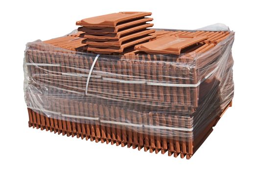 Pile of roofing tiles packaged. Isolated on white
