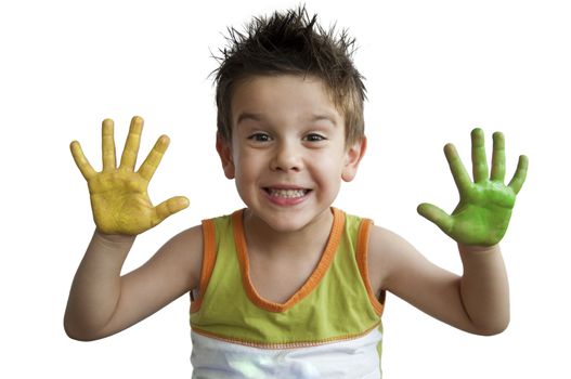 Children colored hands. Little boy hands.White isolated