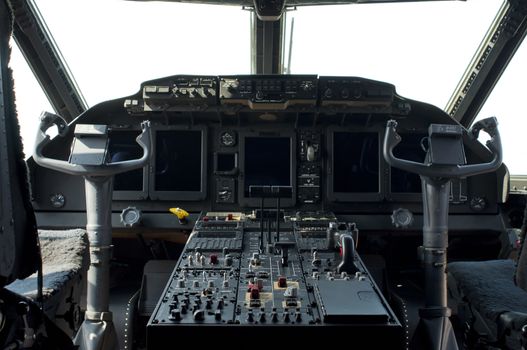 Cockpit of a military aircraft. Horizontal image