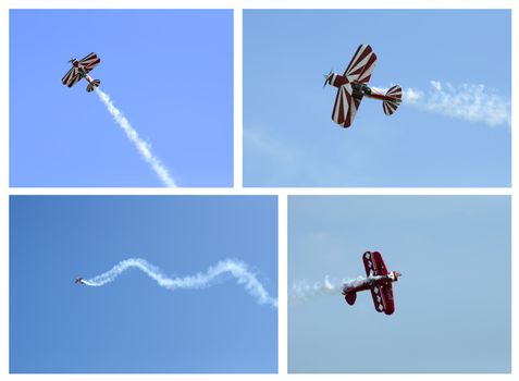 Red plane looping in a blue sky. Lot of four images