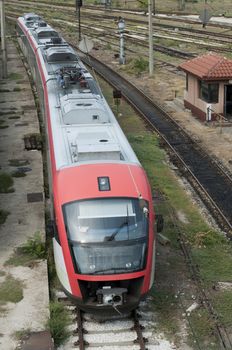 Red electric train top view