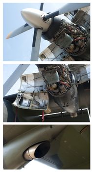 Plane disassembled engine. Tree horizontal images
