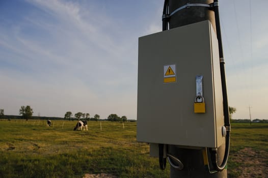 electric cabinet outside in the meadow closed with steel padlock