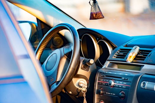 Interior view of car focus on the steering wheel