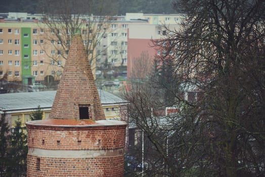 Old red briock castle tower in Goleniow, Poland