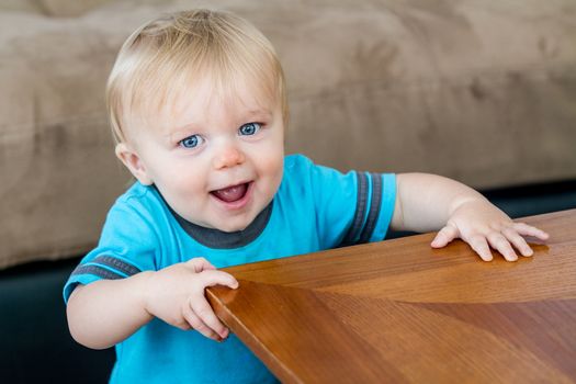 A child at the end of the table getting ready to turn the corner as he is learning how to walk.