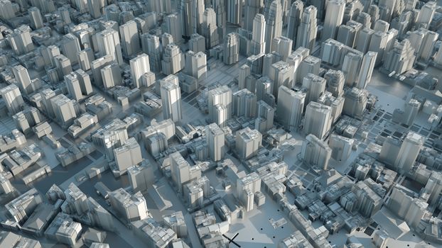 Abstract Modern White City on Technology Surface, aerial view. 3D illustration