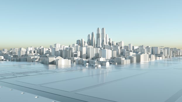 Abstract Modern High Quality City Panorama in Sunny Day. Technology Surface. 3D illustration. Sky background