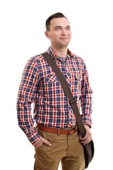 Portrait of a confident smiling casual man in plaid shirt and a shoulder bag standing, isolated on a white background.