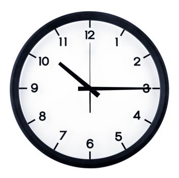 Classic analog clock pointing at ten fifteen o'clock, isolated on white background