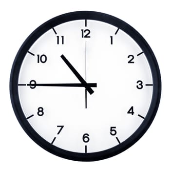 Classic analog clock pointing at ten forty five o'clock, isolated on white background.