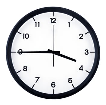 Classic analog clock pointing at three forty five o'clock, isolated on white background.