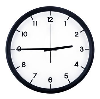 Classic analog clock pointing at two forty five o'clock, isolated on white background.