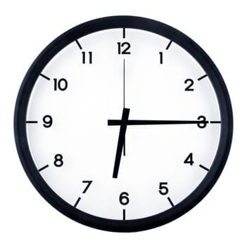 Classic analog clock pointing at six fifteen o'clock, isolated on white background