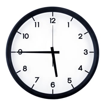 Classic analog clock pointing at five forty five o'clock, isolated on white background.