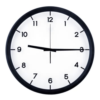 Classic analog clock pointing at nine fifteen o'clock, isolated on white background