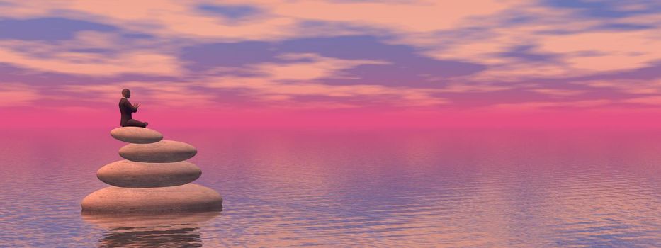 man in meditation and a beautiful pink landscape - 3d rendering