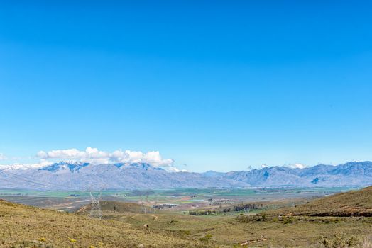 The view from Theronsberg Pass towards Ceres in the Western Cape Province. Snow is visible on the Hex River Mountains