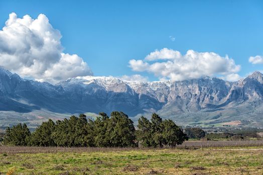 View from the start of the historic Bains Kloof Pass towards the Hex River Mountains in the Western Cape Province. Snow is visible on the mountains