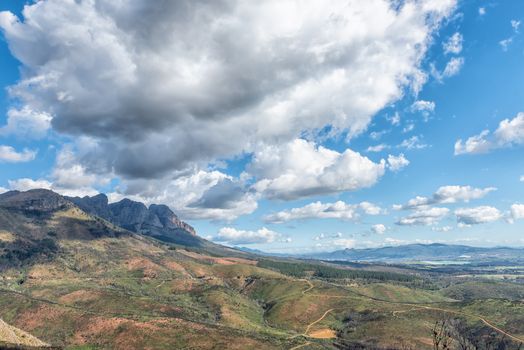 View of the historic Bains Kloof Pass in the Western Cape Province. The Paarl is visible in the back