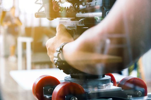 Film industry. Filming with professional camera background