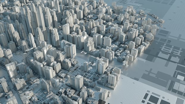 Abstract Modern White City on Technology Surface, aerial view. 3D illustration