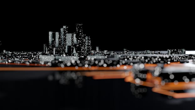 Abstract modern city at night. DOF effect. Glow orange light. 3D illustration