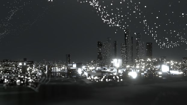 Abstract modern city at night. DOF effect. Glow light. 3D illustration