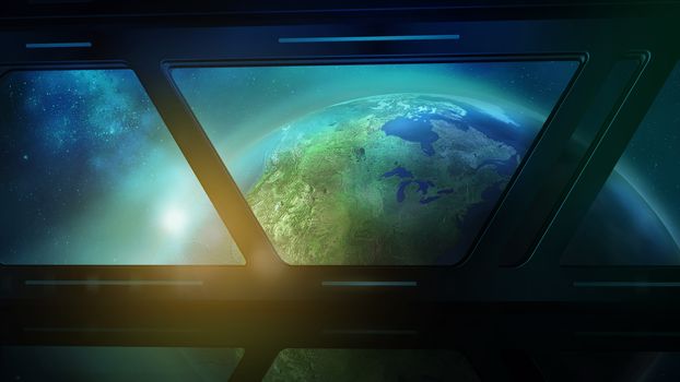 From the porthole of the flying spaceship, one can see the day half of the Earth.