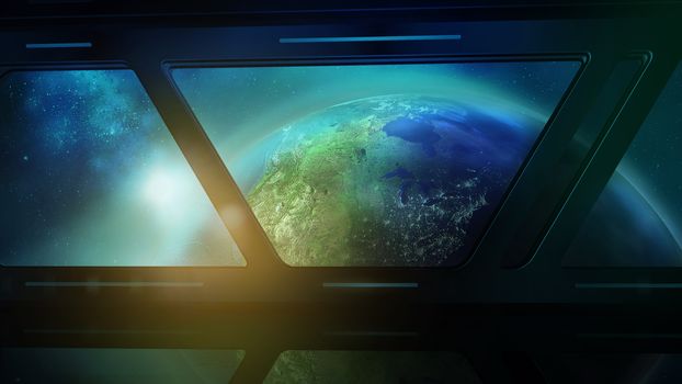 From the porthole of the flying spaceship, one can see the Globe is half illuminated by the sun.