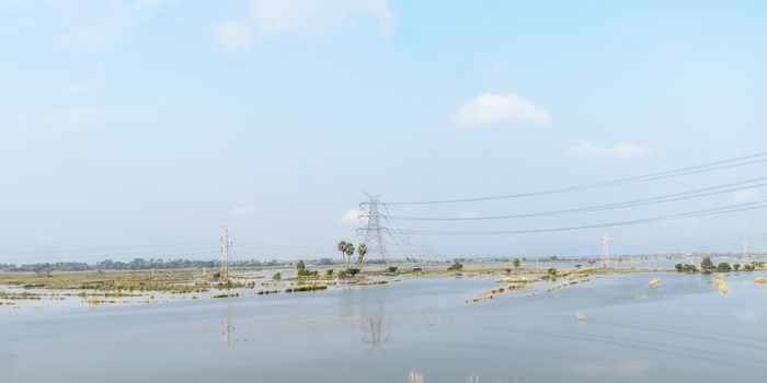 Agricultural land affected by flood. Flooded Food crop Fields. A Natural disaster in Agriculture and farming caused by due to heavy rain as Sea-level water rises. Eastern India, South Asia Pac.