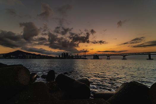 Gwangan Bridge and Haeundae at Sunrise, Busan City, South Korea