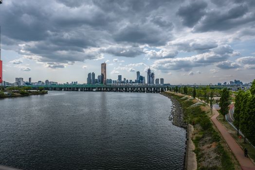 Time lapse River skyline that has passed from time to time in Seoul, South Ko