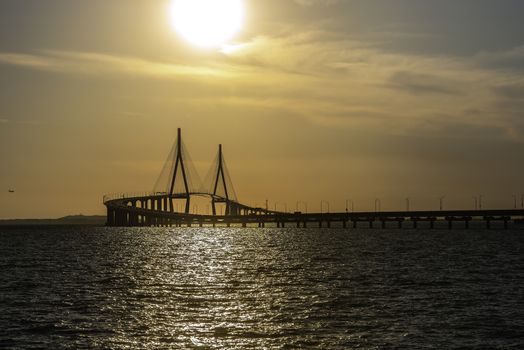 Sunset at Incheon Bridge at the inson sea in South Korea