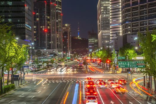 Seoul Tower and Night Light Traffic February 10, 2019: In Seoul, South Korea